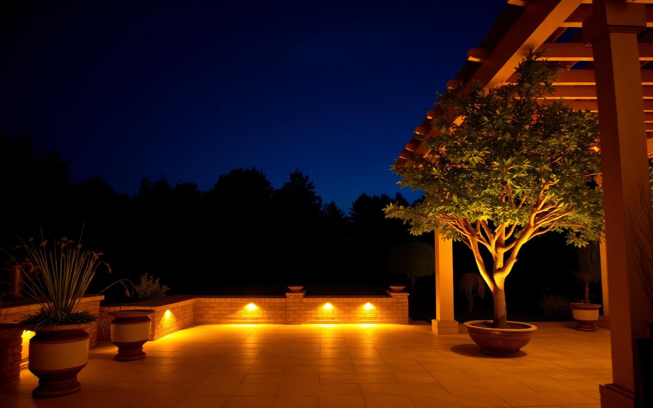 Illuminated stone patio at night with warm amber lighting under a pergola