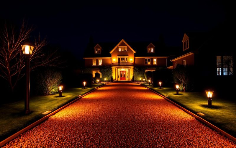 Recessed and spike lighting marking the edges of a block-paved driveway at a home in Eastbourne at night