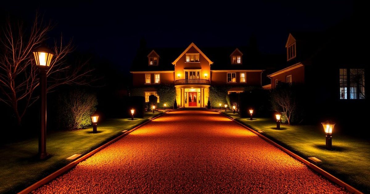 Recessed and spike lighting marking the edges of a block-paved driveway at a home in Eastbourne at night