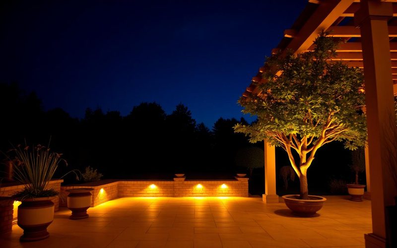 Warm white lighting across a patio, steps and seating area of an Eastbourne garden in the evening